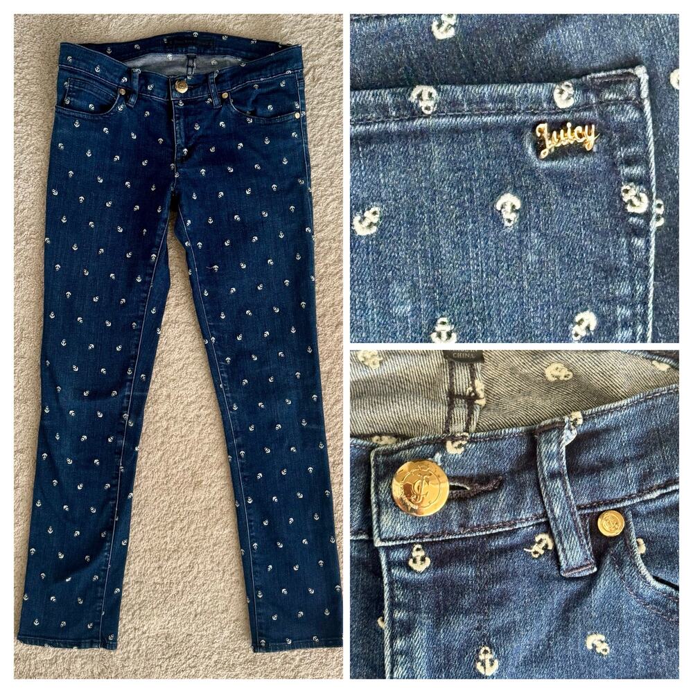 VTG Juicy Jean Couture blue Straight Crop nautical embroidered gold logo sz 26